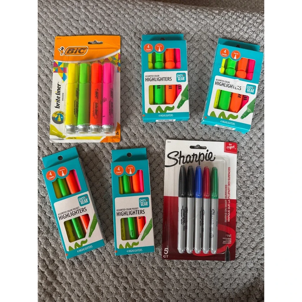 Sharpie Permanent Markers BIC Brite Liner Pen+Gear Highlighters Bundle 25ct